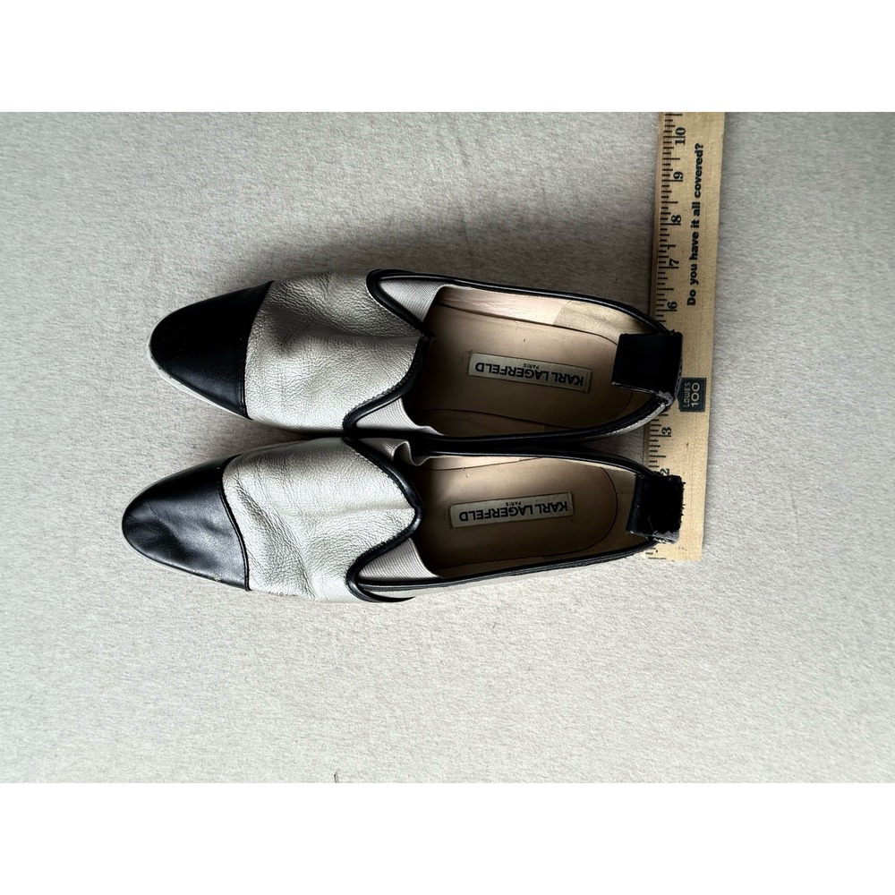 Karl Lagerfeld Paris Metallic Silver Black Cap Toe Platform Slip On Loafers